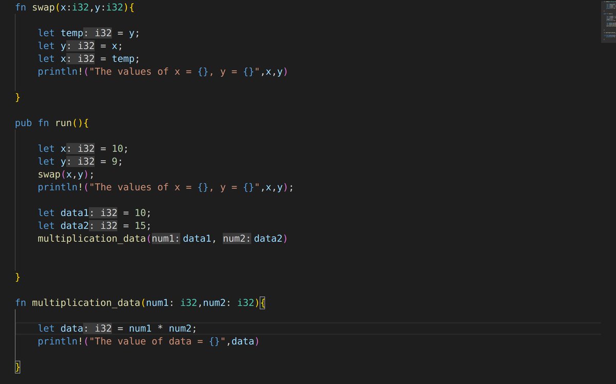 mychcoder's tweet image. Day 24 of #100DaysofCode 

Started to learn about functions in #rustlang!
Now beginning to understand the relationship between function parameters, arguments, and calls.

Learned how to pass function values directly. 

Next: Pass by reference!