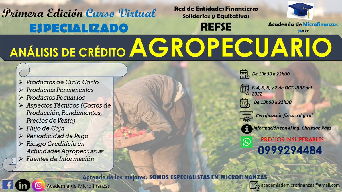 Conviértete en un ANALISTA DE CREDITO AGROPECUARIO experto, te enseñamos las mejores técnicas de análisis en el segmento agrícola y pecuario. 

✅Mejora tu calidad de Originación y Evaluación de Crédito.

Informes al siguiente link bit.ly/3mRDxpa o al 0999294484