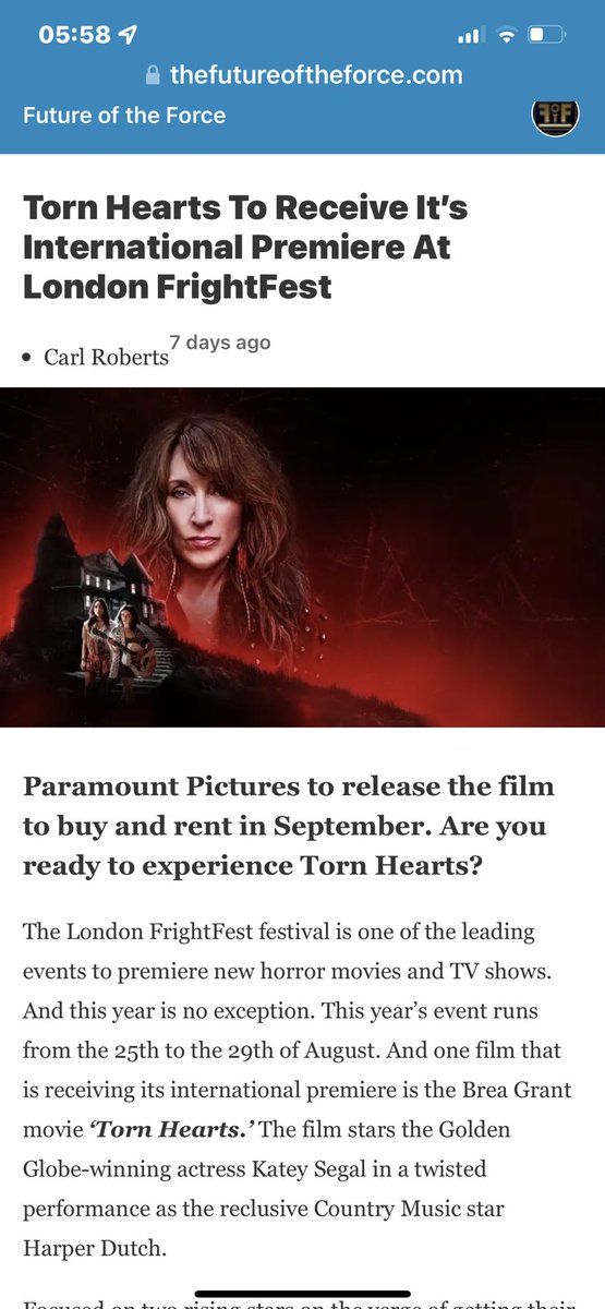 thetrace73's tweet photo. @KateySagal #tornhearts has its international premiere at Frightfest Aug 28th &amp; it’ll be out Sept on Paramount,can’t wait! Looks awesome ❤️🩸 https://t.co/vkZBzjOdjc