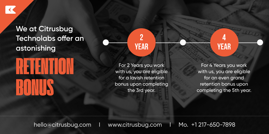 citrusbug's tweet photo. Citrusbug Technolabs ensures that your loyalty does not go unaccounted. We ensure to go above and beyond to recognize the efforts of our employees. #bonus #employeeretention #employeeexperience #retentionbonus #employeebenefits https://t.co/jILxoaVI2f