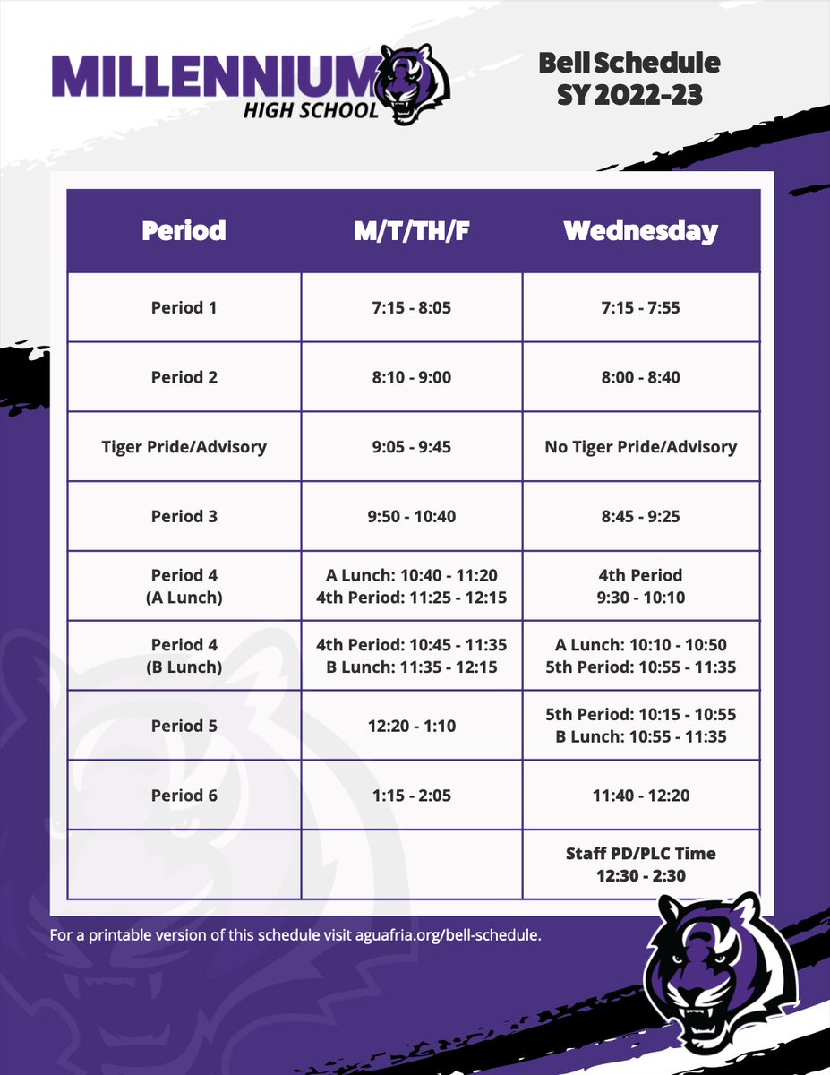 We are so excited to welcome our Millennium Tigers back to campus to kick off the 22-23 school year! Be sure to note the changes to our bell schedule for this year and our new release time of 2:05 PM. 

#MHS #MillenniumHighSchool #ThisIsMillennium