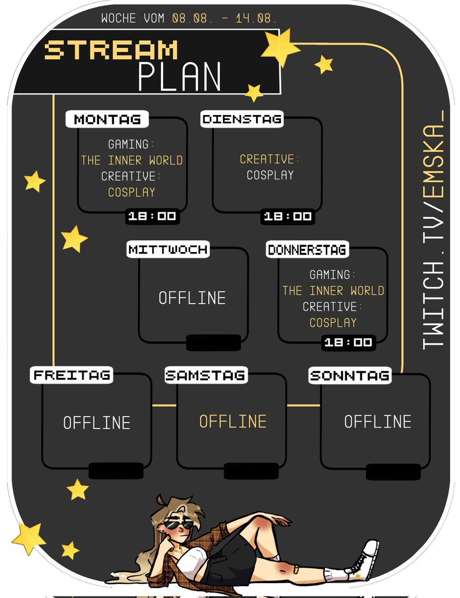 Endlich wieder ein Streamplan!
Na, wer hätte das gedacht

twitch.tv/emska_
Kommt vorbei! ⭐