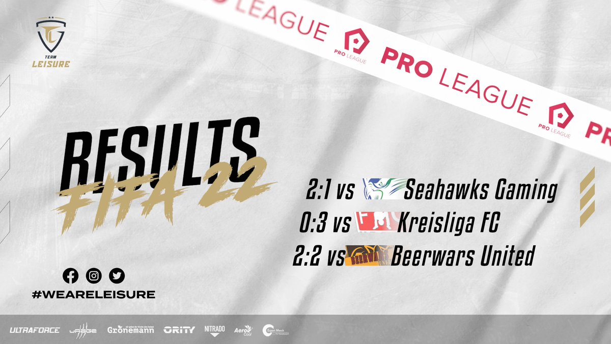 Results in #FIFA22 ⚽️

✅ 2:1 🆚 Seahawks Gaming
❌ 0:3 🆚 Kreisliga FC
🤷 2:2 🆚 Beerwars United

#weareleisure @proleaguede
 
powered by:
@urage_gaming @AerocoolGlobal @wwwultraforcede @ORITYgg @nitrado @TKtrendkonzept