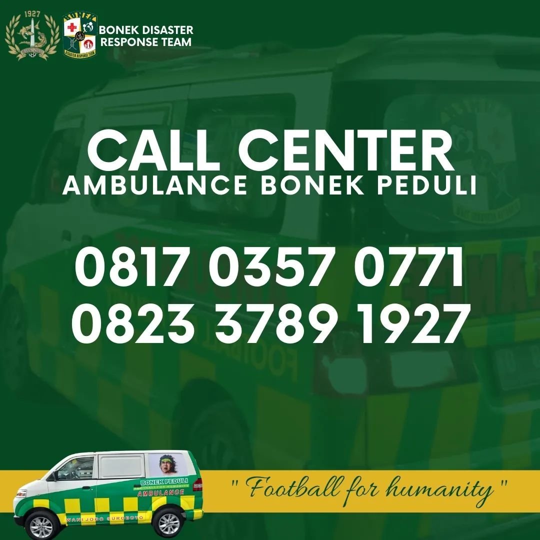 Jika dulur dulur bonek maupun masyarakat yang memerlukan transportasi bantuan medis /ambulance bisa segera menghubungi Call Center. 
Bakti bonek untuk rakyat.

𝙎𝙀𝘽𝘼𝙍𝙆𝘼𝙉
#footballforhumanity
#bonekpeduli
#greennord
#bonekdisasterreaponseteam