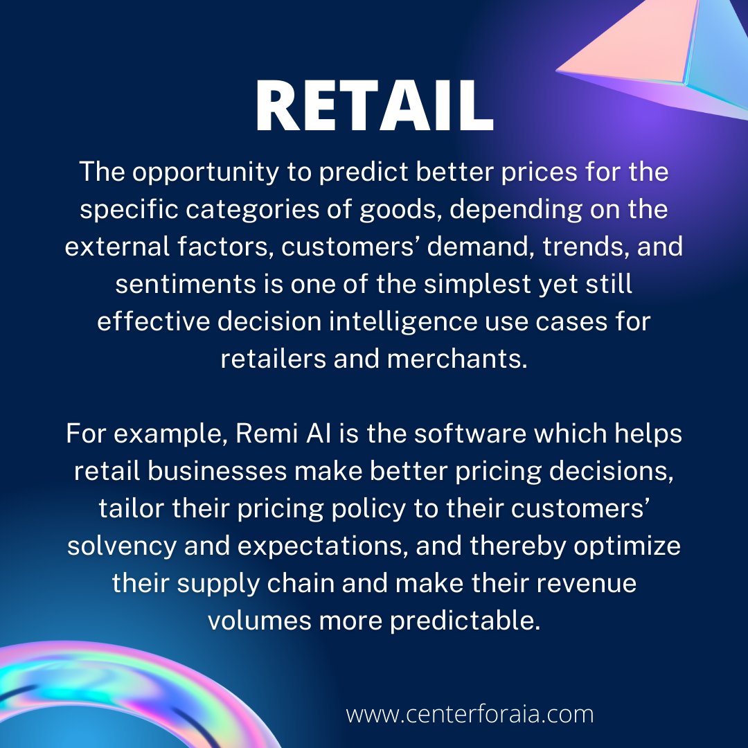 Centerforaia_'s tweet photo. Decision intelligence is used in multiple industries to drive resilient, sustainable, and cost-effective solutions for businesses.

To learn more visit: https://t.co/rsuqTJlCA8

#cloud #datascience #intelligence #artificialintelligence #ai #analytics #retail #healthcare #energy https://t.co/iE3Uha2itz