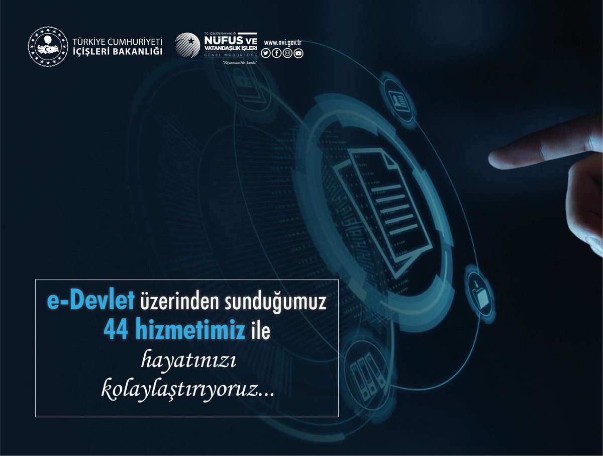 NVİ’ de yenilik bitmez..
e-devlet üzerinden verdiğimiz  44 uygulama ile günde yaklaşık  600 bin vatandaşımıza nüfus müdürlüklerine gelmeden hizmet sunuyoruz. Yeni haftaya Bismillah <a href="/TCNufus/">Nüfus ve Vatandaşlık İşleri Genel Müdürlüğü</a> <a href="/TC_icisleri/">T.C. İçişleri Bakanlığı</a> #HayatınızınHerAnında