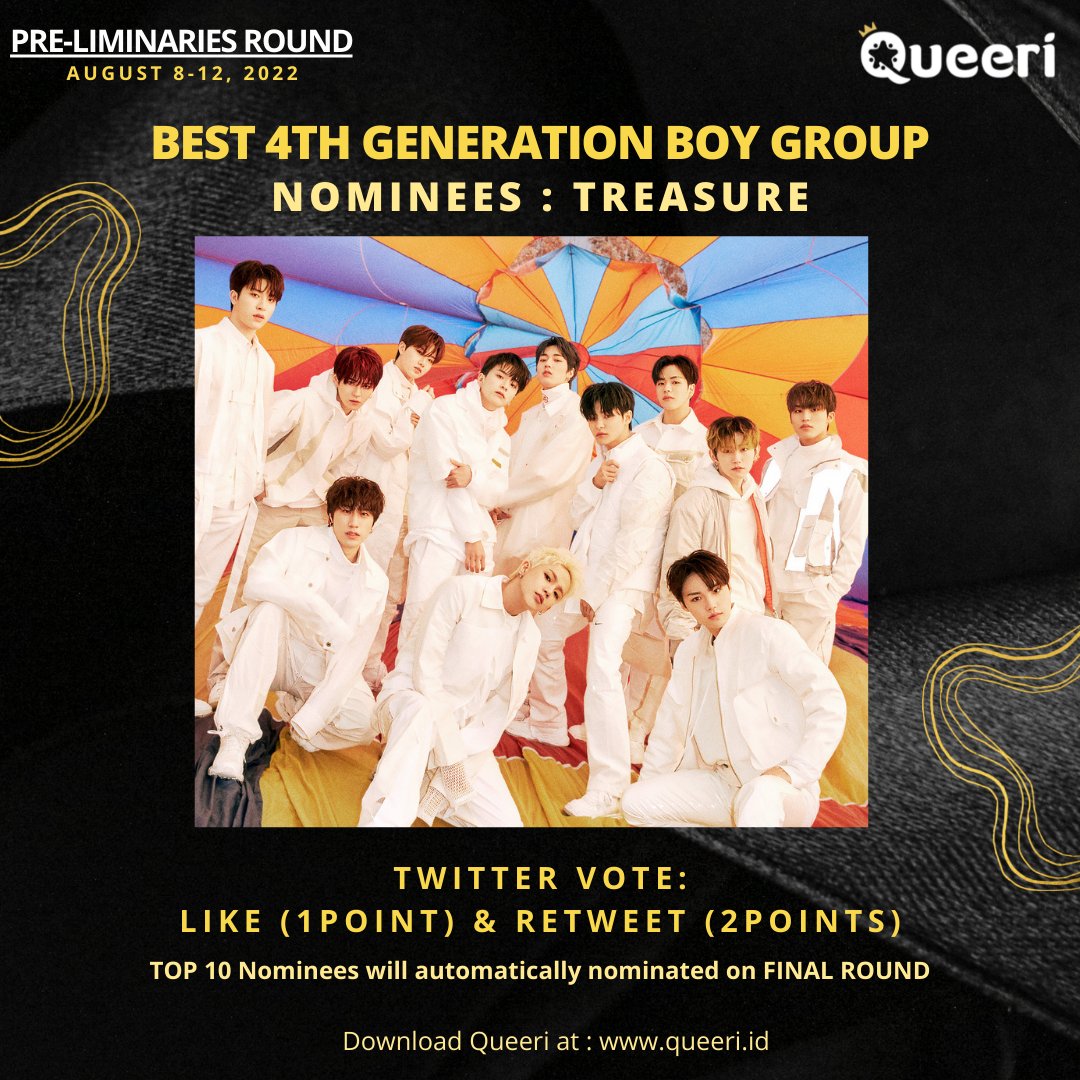 queeri_official's tweet image. Nominee: #TREASURE

Like and Retweet this Tweet to Vote for #TREASURE for Best Idol Boy Group 4th Generation by #Queeri

1 Like = 1 Point
1 Retweet = 2 Points

🏆Top 10 with the most like and retweet will automatically nominated on FINAL Round