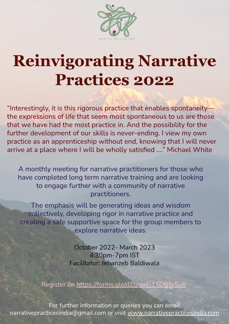 Reinvigorating Narrative Practices October 2022 to March 2023. Register here forms.gle/P5eVWUj8ek8uhw…