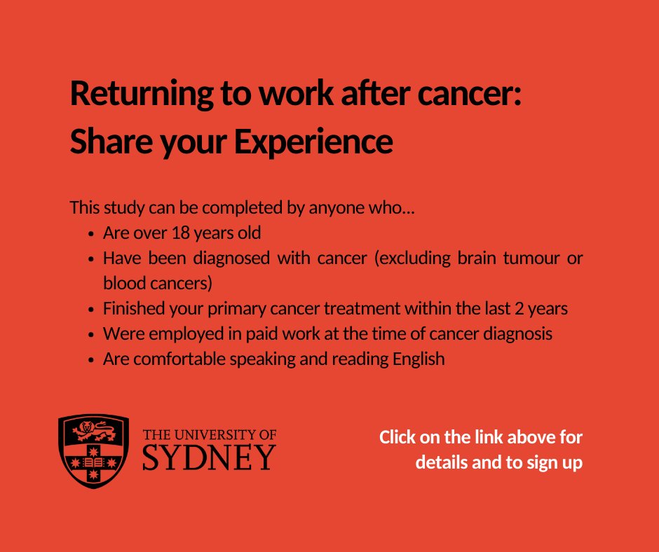 hagsie's tweet image. Have you noticed changes in your work ability and engagement after your cancer treatment? Share your experience to help us better  support the return-to-work of cancer survivors in Australia
sydney.au1.qualtrics.com/jfe/form/SV_9T…
#SurvOnc @POCOG1 @COSA_Surviv #CancerSurvivor #HelpAResearcher