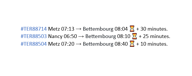 TERNancyMetzLux's tweet photo. 🎙️ #InfoTrafic 

📢 Les #TER suivants sont retardés, suite à un problème technique survenu sur le #TER88714, actuellement retenu en gare d'Uckange : https://t.co/lKRfTuui2V
