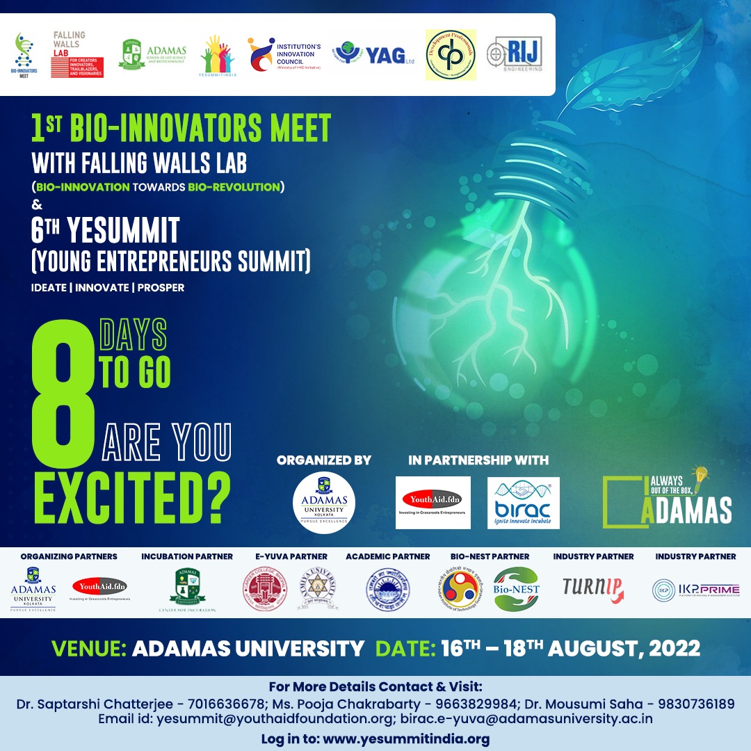 Time to get all excited for the coming week, when the most anticipated event of the month is all set to begin. Excited much!!!  8️⃣more days to go.

#eyuvacentre #FallingWallsLab #SOLB #CenterforIncubation #Biotechnology #Bio #Yesummit #YAF #BestinBengal #EducationPlus
