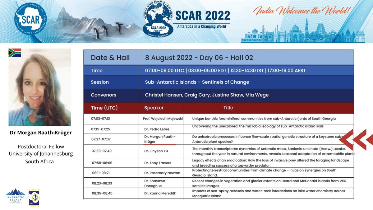 antarcticlegacy@sun.ac.za (@antarcticlegacy) on Twitter photo #SCAR2022
🇿🇦South Africans presenting their research at the Scientific Committee on Antarctic Research 2022 Conference.
🔜09:27 (SAST) Join Morgan Raath-Krüger, Postdoctoral Fellow supervised by Prof Bettine van Vuuren, <a href="/UjZoology/">UJ Zoology</a>
See talk title below
#subAntarctic #Genetics #SCAR2022
🇿🇦South Africans presenting their research at the Scientific Committee on Antarctic Research 2022 Conference.
🔜09:27 (SAST) Join Morgan Raath-Krüger, Postdoctoral Fellow supervised by Prof Bettine van Vuuren, <a href="/UjZoology/">UJ Zoology</a>
See talk title below
#subAntarctic #Genetics