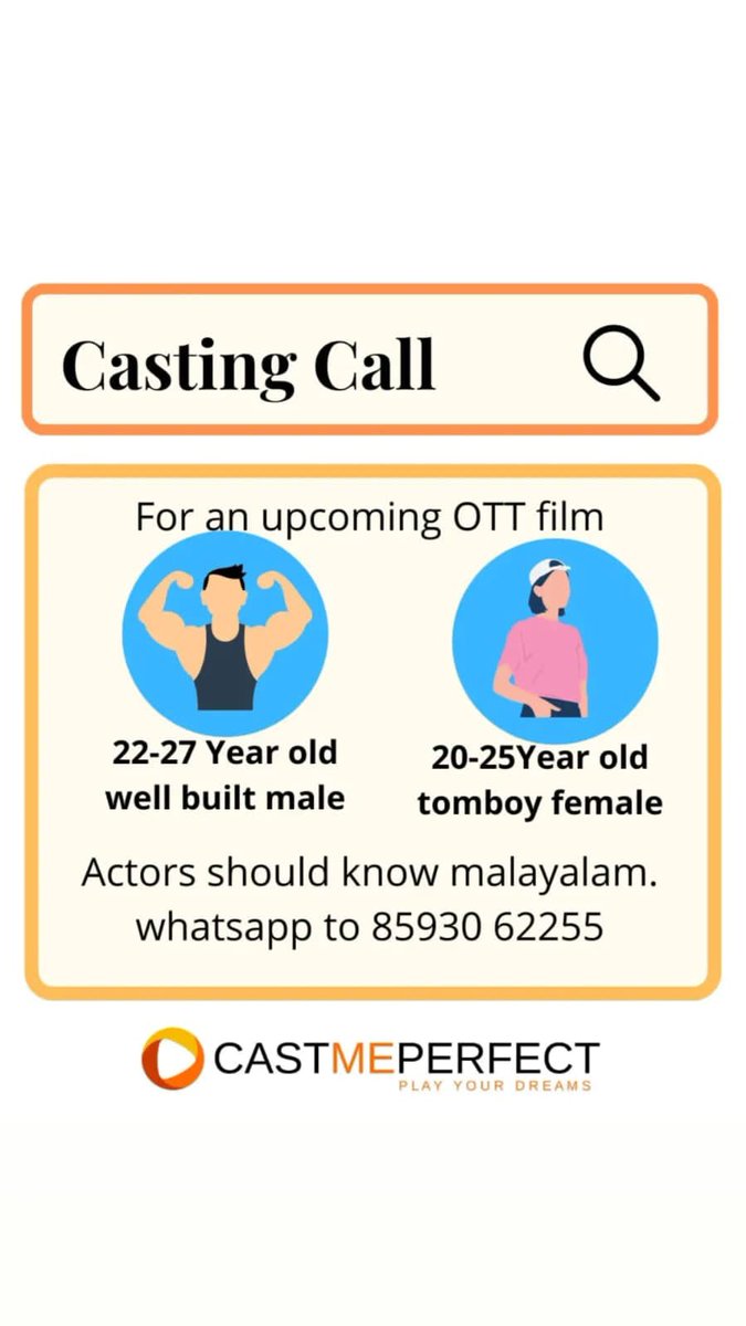 AuditionAreHere's tweet photo. Casting Call π Feature Film Malayalam (OTT) Genuine Call
Looking for 22 to 27 year old well built Male, 20 to 25 year old tomboyish Female actors.
Check poster for more details!
#arh #auditionsarehere #castingcall #featurefilm #malayalam #mollywood #ott #featurefilmcasting https://t.co/sM7CxJIupo
