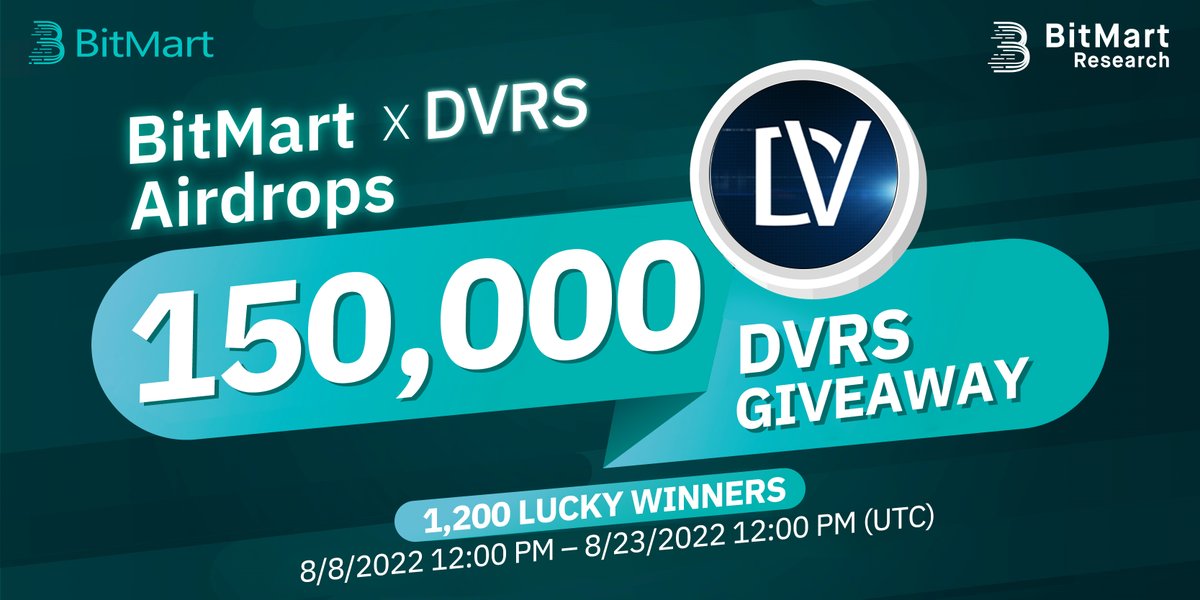 🌟BitMart X DVRS Listing Airdrop!

1⃣Follow <a href="/BitMartResearch/">BitMart Research｜$BMX HODLer</a> &amp; <a href="/DaoDVRS/">DaoVerse</a>
2⃣Join t.me/BitMartExchang… &amp; t.me/DaoVerseOffici…
3⃣RT &amp; Tag 3 new friends
4⃣Fill out:bit.ly/3zGLKmL

🥳150,000 $DVRS/1,200 winners
Register👉datasink.bitmart.site/t/j