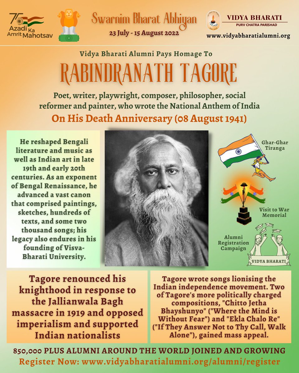 vbpurvchatra's tweet photo. #VBAlumni pays homage to Rabindranath Tagore, poet, writer, playwright, composer, philosopher, social reformer and painter, who wrote National Anthem of #India, On His Death Anniversary.
#Bharat #amritmahotsav #SwarnimBharatAbhiyan #AlumniRegistration #HarGharTiranga #WarMemorial https://t.co/gbJg32a4UC