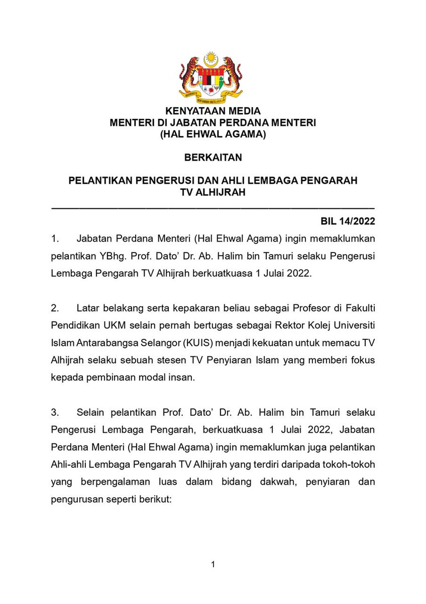 ustaz_idris's tweet photo. KENYATAAN MEDIA MENTERI DI JABATAN PERDANA MENTERI (HAL EHWAL AGAMA) BERKAITAN PELANTIKAN PENGERUSI DAN AHLI LEMBAGA PENGARAH TV ALHIJRAH https://t.co/FDxgj5SoYf