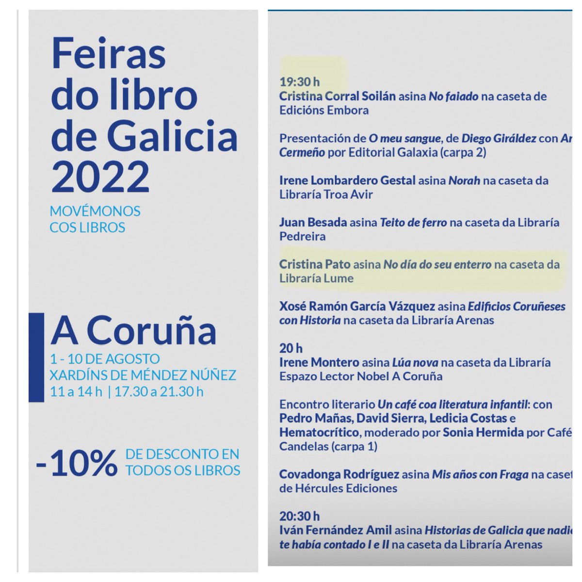 Vémonos hoxe luns na Feira do libro da Coruña…

Asinando “No día do seu enterro”, que xa vai pola segunda edición 💙!

Ás 19.30h na caseta da <a href="/LibreriaLume/">Libreria Lume</a> 
Na Feira do libro da Coruña

<a href="/LibrariasGal/">Librarías de Galicia</a> <a href="/EdGalaxia/">Editorial Galaxia</a>