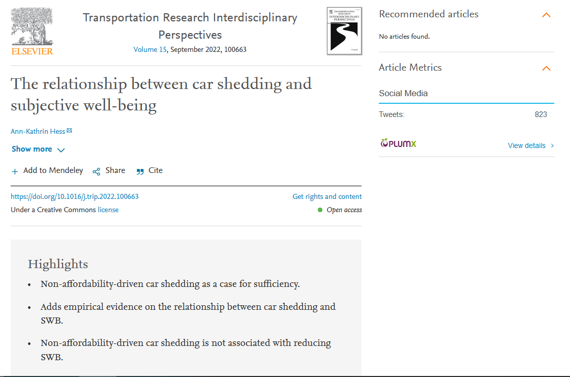 Selon cette nouvelle étude, les personnes qui se séparent volontairement de leur 🚗 (et non pas pour des raisons financières) voient leur niveau de bonheur augmenter pendant les années qui suivent
sciencedirect.com/science/articl… via <a href="/giulio_mattioli/">Giulio Mattioli</a>