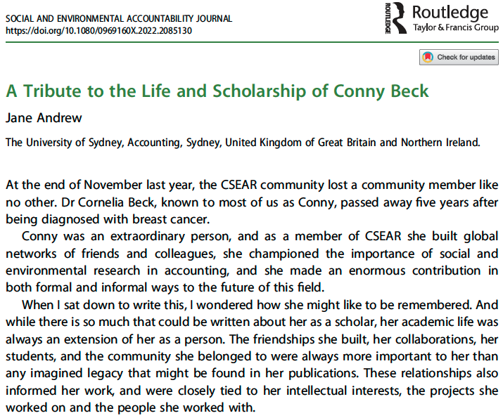 Journal_SEAJ's tweet photo. A Tribute to the Life and Scholarship of Conny Beck by @Jane_Andrew_ Conny was an extraordinary person, she championed the importance of #social &amp; #environmental #research in #accounting, &amp; she made an enormous contribution to the field.
@csearUK
 https://t.co/TnsYaaWORo https://t.co/BBLqDC2Xbf
