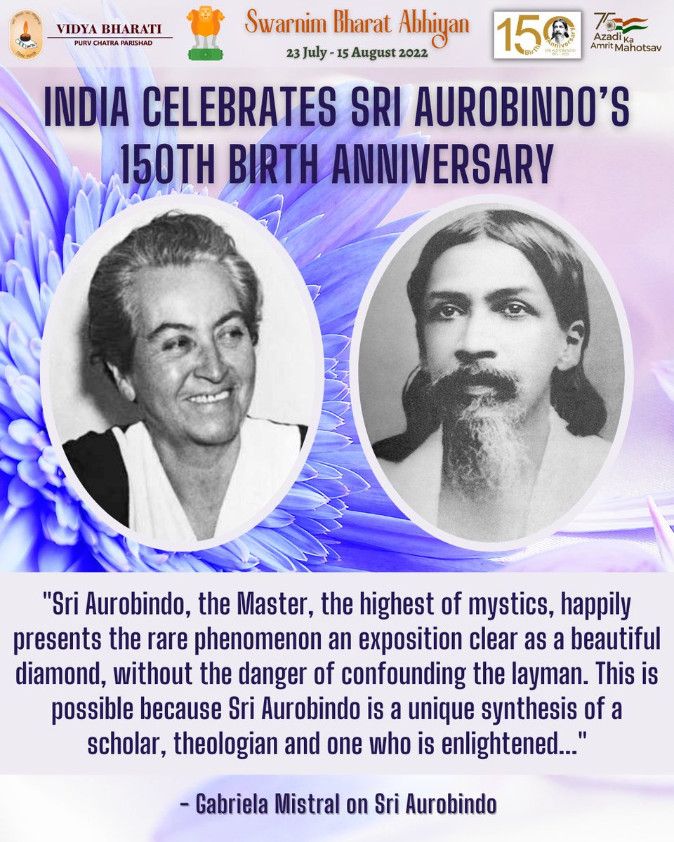 vbpurvchatra's tweet photo. 'Azadi Ka Amrit Mahotsav'
Gabriela Mistral on Sri Aurobindo
#alumni #Bharat #India #MySchoolMyPride #vbpurvchatra #amritmahotsav #SwarnimBharatAbhiyan #AlumniRegistration #HarGharTiranga #WarMemorial #SriAurobindo #SriAurobindo150 https://t.co/R3a3etlywf