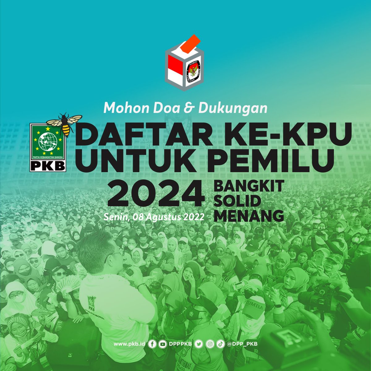 Mohon doa dan dukungannya Partai Kebangkitan Bangsa akan mendaftar ke KPU untuk pemilu 2024 hari ini.

#bangkitsolidmenang #gusmuhaimin #muhaiminiskandar #PKB