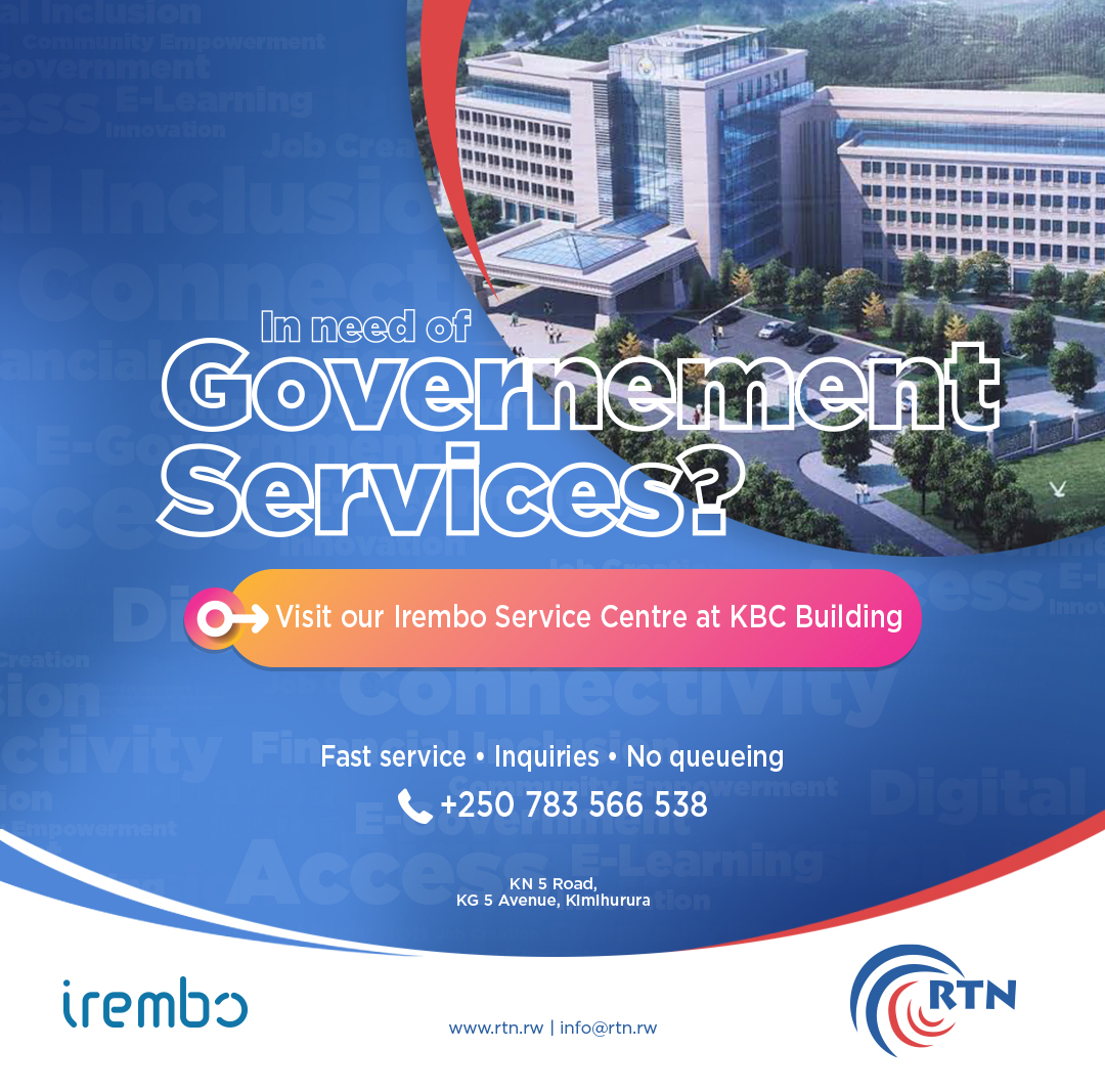 In need of government of government services? You don’t have to go the government offices… Pass by our RTN offices at KBC and apply for any government service , call us :0783566538 or visit our website:rtn.rw <a href="/irembogov/">IremboGov</a> 
   #rtn #irembo #Applytoday