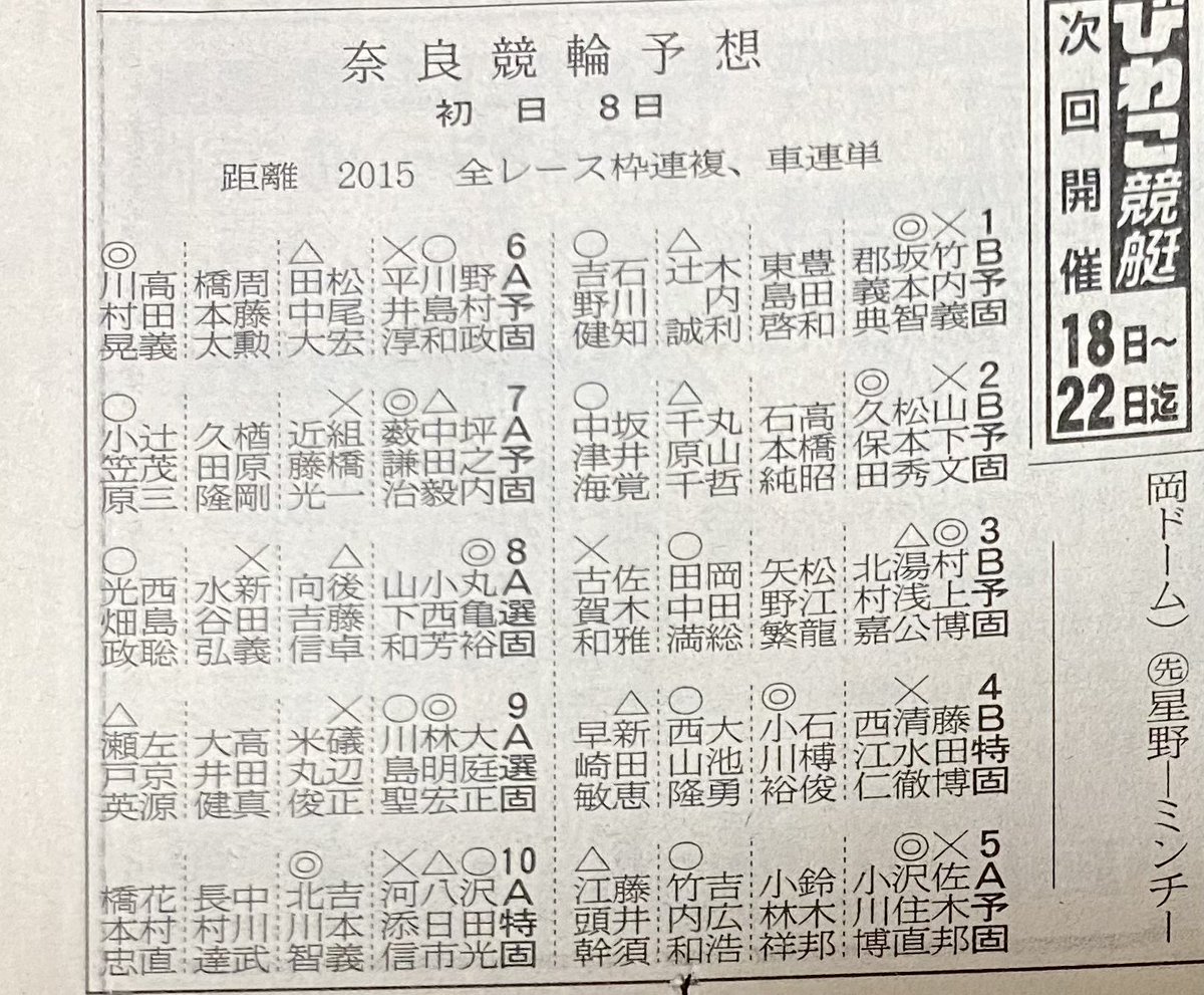 makuri_kyoto's tweet photo. フォロワーさん発見‼️

部屋の大掃除で出てきた古新聞の中にお世話になっている嘉兄さん＆西山さんのお名前が🚴‍♂️🚴‍♂️

2001年8月8日
京都新聞朝刊・奈良競輪出走表

嘉兄さんは後のグランプリ王者・村上博幸選手と対戦💪
西山さんはこのレースで見事に勝利✨

21年前の2人はどんな雰囲気だったのかなぁ🫠 https://t.co/NWCs7OKaHQ