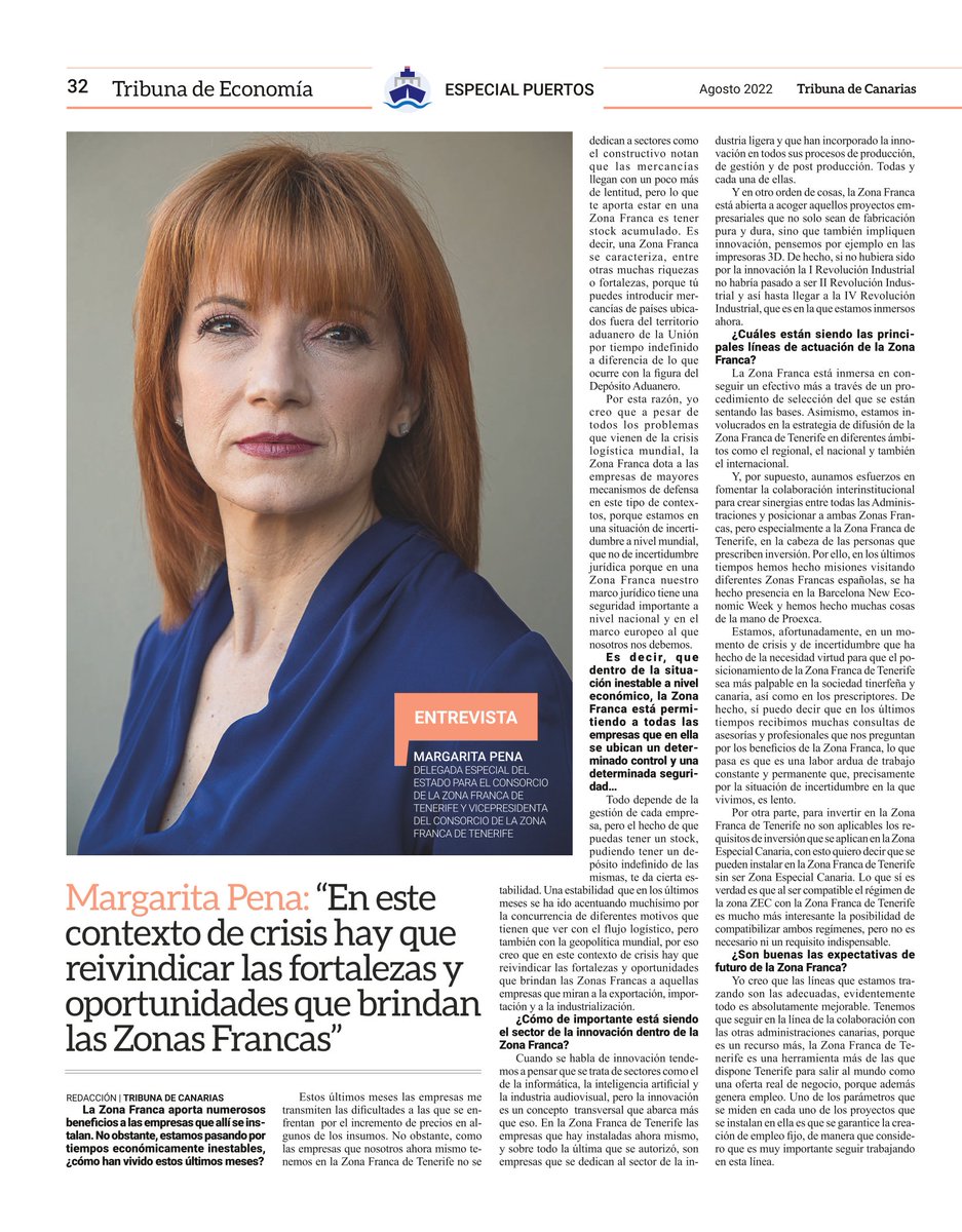 La Zona Franca de Tenerife aporta certezas, así como condiciones fiscales y aduaneras ventajosas en estos momentos de inestabilidad. Entrevista a Margarita Pena, Delegada Especial del Estado.