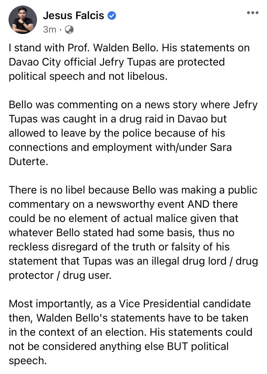 Under Philippine law and Supreme Court decisions, political speech is the highest form of protected speech.

I stand with Prof. Walden Bello.

#FreeWaldenBello