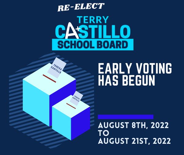 👉It's time to vote! Re-elect Terry Castillo.

🎯Early voting has begun.

💥Election Day is on August 23rd, 2022.

#vote #vote2022 #august #election #terrycastillo #osceola #osceolacounty #florida #unitedstates #school #schoolboard #schoolboarddistrict1 #beyondthedais #voting
