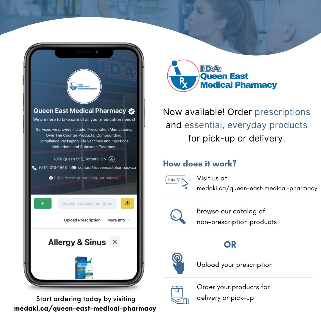 MedaKi is now available for ordering over-the-counter and medical supply products in the City of Toronto (<a href="/cityoftoronto/">City of Toronto 🇨🇦</a>)!

Visit MedaKi.ca to find Queen East Medical Pharmacy. Delivery services are available in all parts of the Toronto area. 

#pharmacy #startup