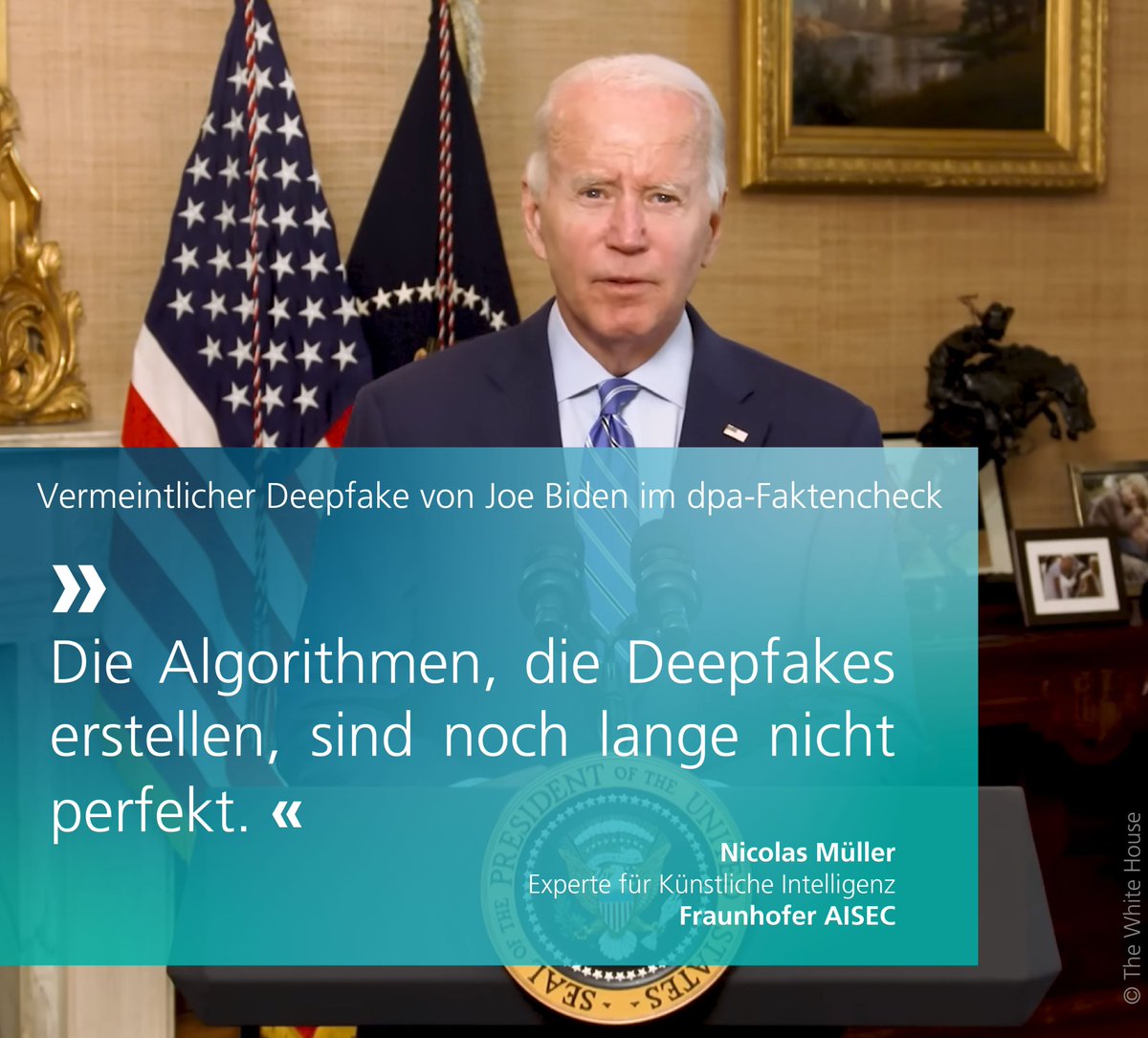 FraunhoferAISEC's tweet photo. Echt oder #fake? Unser #KI-Experte Nicolas Müller erklärt im @dpa #Faktencheck, warum der vermeintliche #Deepfake von US-Präsident #Biden authentisch ist: https://t.co/S7fGikUQTQ
#MaschinellesLernen #DeepLearning #KI #WeKnowCybersecurity https://t.co/q5nZHjBdrM