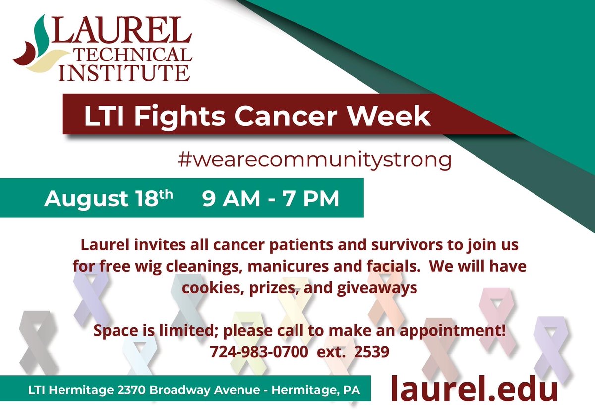 laureltechnical's tweet image. Laurel invites all cancer patients and survivors to join us on August 18th from 9:00am-7:00pm at our 2370 Broadway Ave. Hermitage location for free wig cleanings, manicures and facials. We will have cookies, prizes, and more. Space is limited so call today 724-983-0700 ext 2539