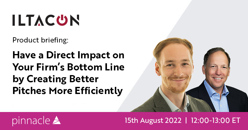 PinnacleOa's tweet photo. Join us on 15 August for an @ILTANet product briefing where we look at how transformational PitchPerfect can be for your law firm.

Register today: https://t.co/sbK8pdFb5P https://t.co/e8tlUoo8GR