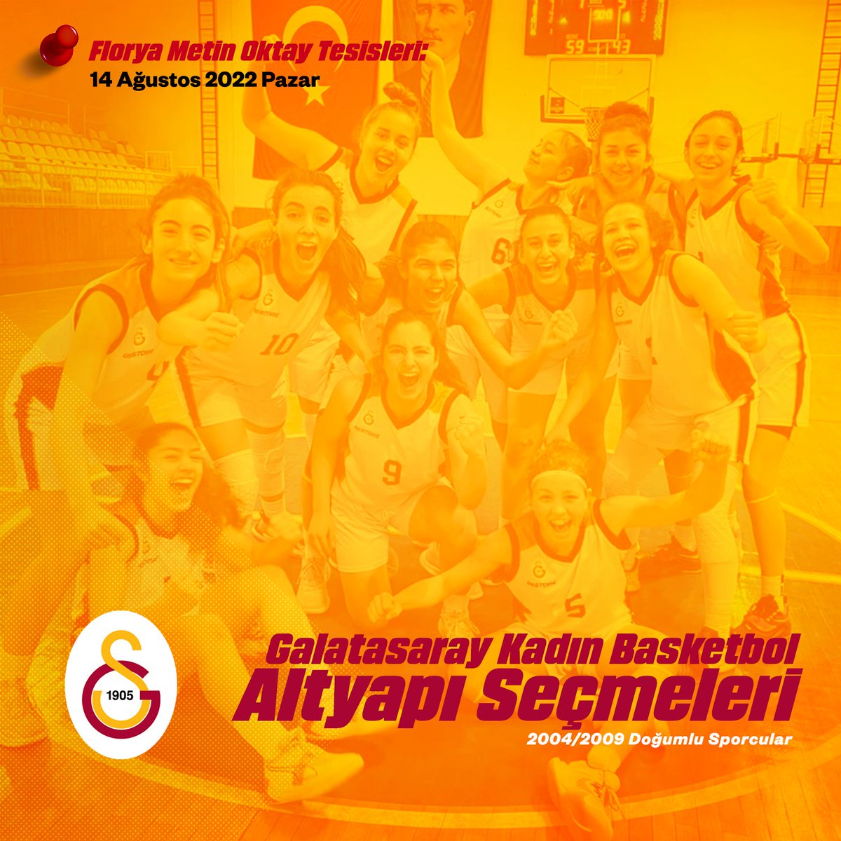 ⛹️‍♀️ Galatasaray Kadın Basketbol Takımı, geleceğin yıldızlarını arıyor. 🔍

14 Ağustos Pazar günü Florya Metin Oktay Tesisleri'nde gerçekleşecek altyapı seçmeleri hakkında detaylı bilgi için; 👉🔗 bit.ly/3de1CFR