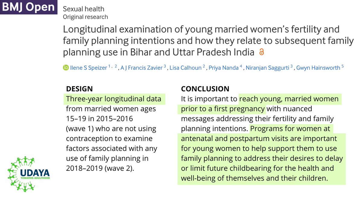How do childbearing desires &amp; intention to use contraception among married adolescents evolve through adolescence &amp; young adulthood? New analysis of #UDAYAStudy data can inform programs to support delayed first births &amp; birth spacing. bit.ly/3A3DvT1