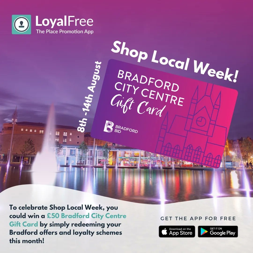 BFDatNight's tweet photo. Its #shoplocalweek &amp; some of our #Bradford at Night Members are involved 💥

Help support our local businesses with the @loyalfreeapp by redeeming offers in August to be in with a chance of winning a £50 Gift Card💳

Why not start with @JurysInnsHotels with 10% off your stay 🤩 https://t.co/uds3YCfPcV