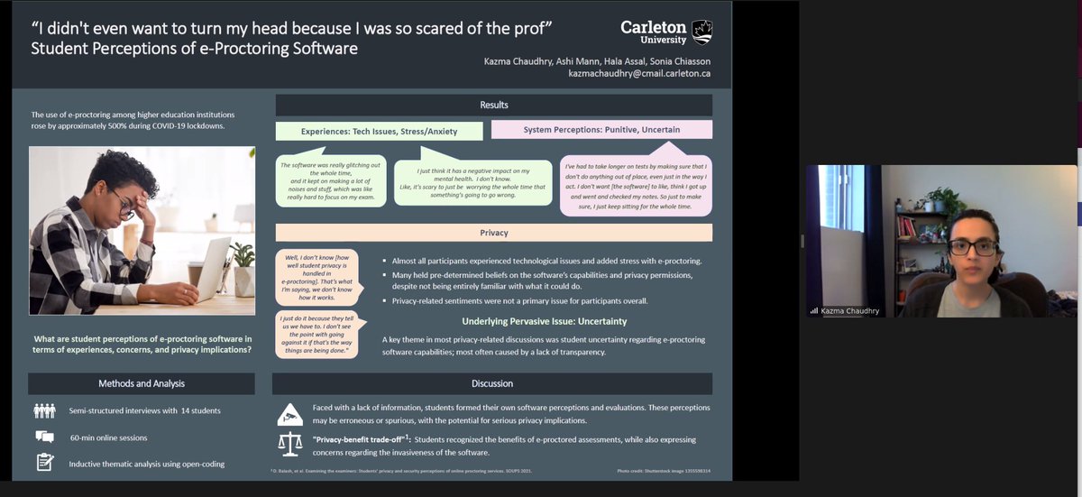 Kazma Chaudhry is presenting the results of a series of interviews with students on e-Proctoring software used for online exams. They found that the lack of transparency and uncertainty about what the software is doing causes stress  #soups2022
usenix.org/conference/sou…
