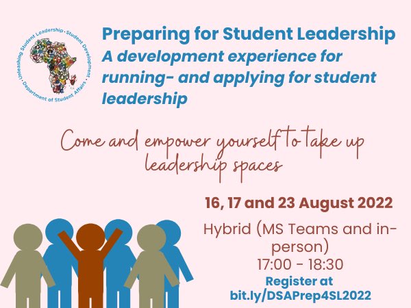 UCTStud_Dev's tweet image. Want to find out more about running for student leadership at UCT? We are running a series of workshops to prepare students for running and applying to be student leaders. Register here bit.ly/DSAPrep4SL2022