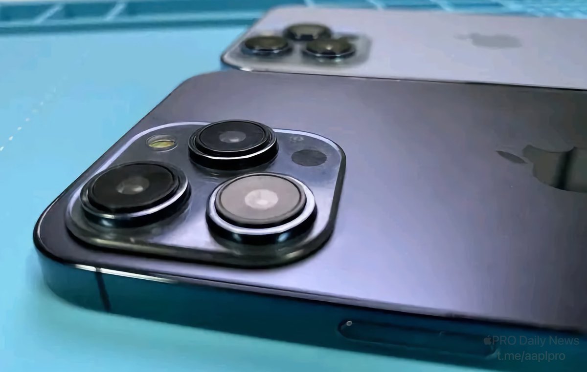 Apple_Geek_Actu's tweet photo. Des photos ( vraies ?) montrent #iPhone14Pro à côté de l'iPhone 13 Pro, ce qui donne une idée des différences en terme de design. 

On peut voir une différence de taille du bloc photo ainsi que le remplaçant de l'encoche.

Qu'en pensez-vous ? https://t.co/e26jIxcTTP