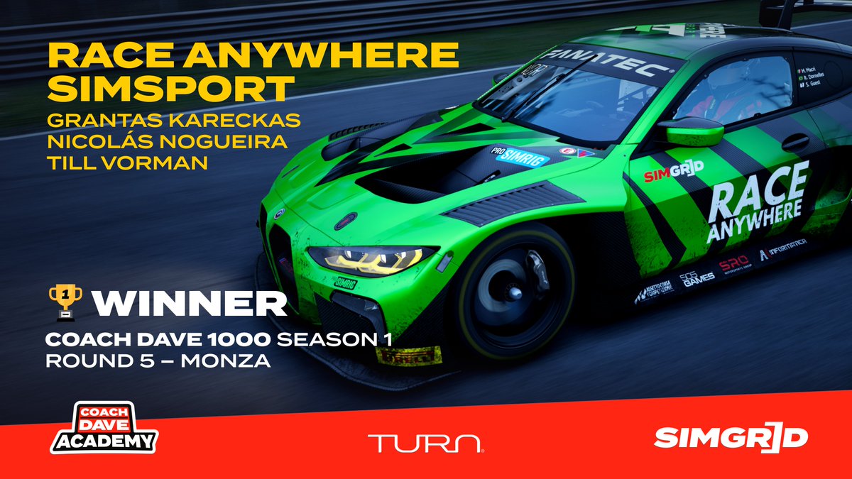 Winning at 'The Temple of Speed' ✅

@grantislol1, Nicolás Nogueira and Till Vorman converted P2 into their first race win in the Coach Dave 1000 season finale 👏

An incredible drive from the #55 <a href="/RA_Simsport/">Race Anywhere Simsport</a> team at Monza 🔥

Massive congratulations!