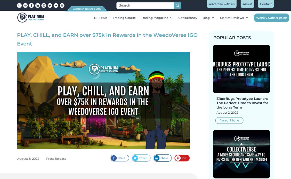 Super Press release from our favorite Crypto Mag <a href="/PlatinumCrypto/">PlatinumCryptoAcademy</a> talking about <a href="/WeedoVerse/">WeedoVerse</a> #project 
Read full article HERE 👇👇
tinyurl.com/2p849k9b

#cryptocurrency #CryptoNews #P2Egaming #420life #420news #NFTGaming #BlockchainGaming