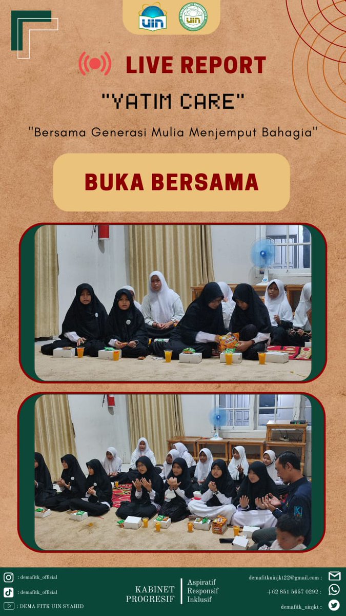 demafitk_uinjkt's tweet photo. Live Report kegiatan Yatim Care yang diadakan oleh Departemen Pengembangan Masyarakat DEMA FITK Tahun 2022 dengan mengusung tema "Bersama Generasi Mulia Menjemput Bahagia." #DEMAFITK #UINJakarta #KabinetProgresif https://t.co/HUmSGejg0l