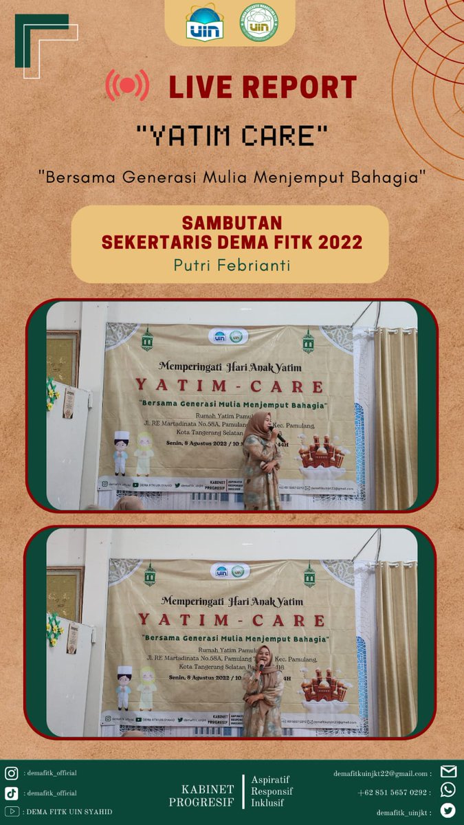 demafitk_uinjkt's tweet photo. Live Report kegiatan Yatim Care yang diadakan oleh Departemen Pengembangan Masyarakat DEMA FITK Tahun 2022 dengan mengusung tema "Bersama Generasi Mulia Menjemput Bahagia." #DEMAFITK #UINJakarta #KabinetProgresif https://t.co/HUmSGejg0l
