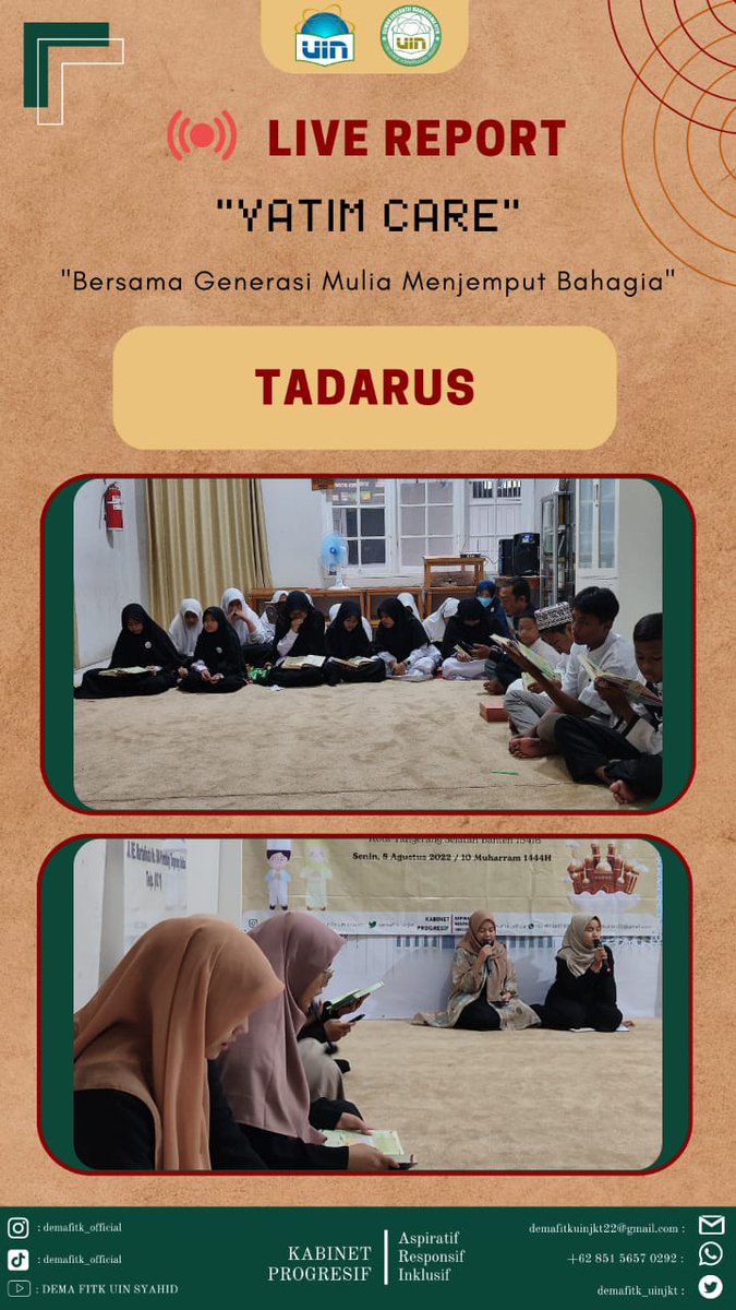 demafitk_uinjkt's tweet photo. Live Report kegiatan Yatim Care yang diadakan oleh Departemen Pengembangan Masyarakat DEMA FITK Tahun 2022 dengan mengusung tema "Bersama Generasi Mulia Menjemput Bahagia." #DEMAFITK #UINJakarta #KabinetProgresif https://t.co/HUmSGejg0l