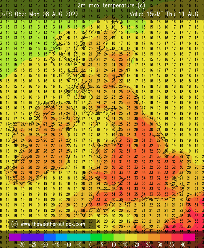 TWOweather's tweet photo. Cool as a cucumber? GFS 06z rolls out 35C, 36C, 37C, 37C which would make 4 consecutive days hotter than any one day in the 1980s. Hardly anyone now bats an eyelid! Scary new normal or simply basecamp as the UK scales ever higher temperature heights! https://t.co/uW9buQnCFE) https://t.co/GespRTdDce