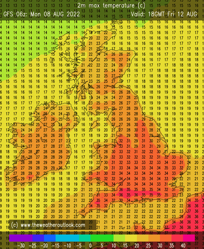 TWOweather's tweet photo. Cool as a cucumber? GFS 06z rolls out 35C, 36C, 37C, 37C which would make 4 consecutive days hotter than any one day in the 1980s. Hardly anyone now bats an eyelid! Scary new normal or simply basecamp as the UK scales ever higher temperature heights! https://t.co/uW9buQnCFE) https://t.co/GespRTdDce