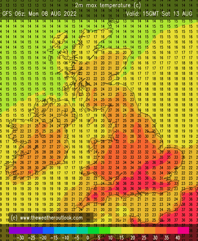 TWOweather's tweet photo. Cool as a cucumber? GFS 06z rolls out 35C, 36C, 37C, 37C which would make 4 consecutive days hotter than any one day in the 1980s. Hardly anyone now bats an eyelid! Scary new normal or simply basecamp as the UK scales ever higher temperature heights! https://t.co/uW9buQnCFE) https://t.co/GespRTdDce
