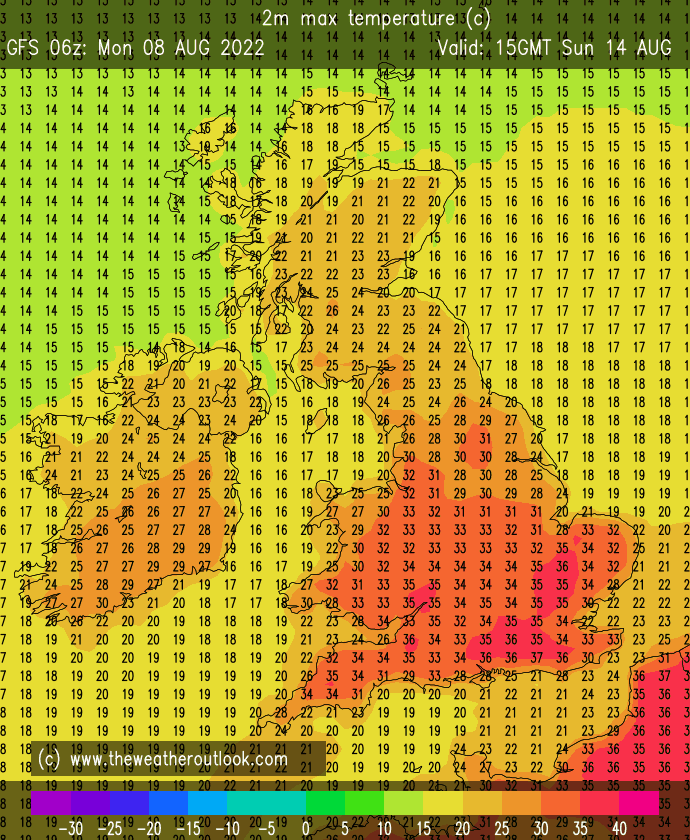 TWOweather's tweet photo. Cool as a cucumber? GFS 06z rolls out 35C, 36C, 37C, 37C which would make 4 consecutive days hotter than any one day in the 1980s. Hardly anyone now bats an eyelid! Scary new normal or simply basecamp as the UK scales ever higher temperature heights! https://t.co/uW9buQnCFE) https://t.co/GespRTdDce