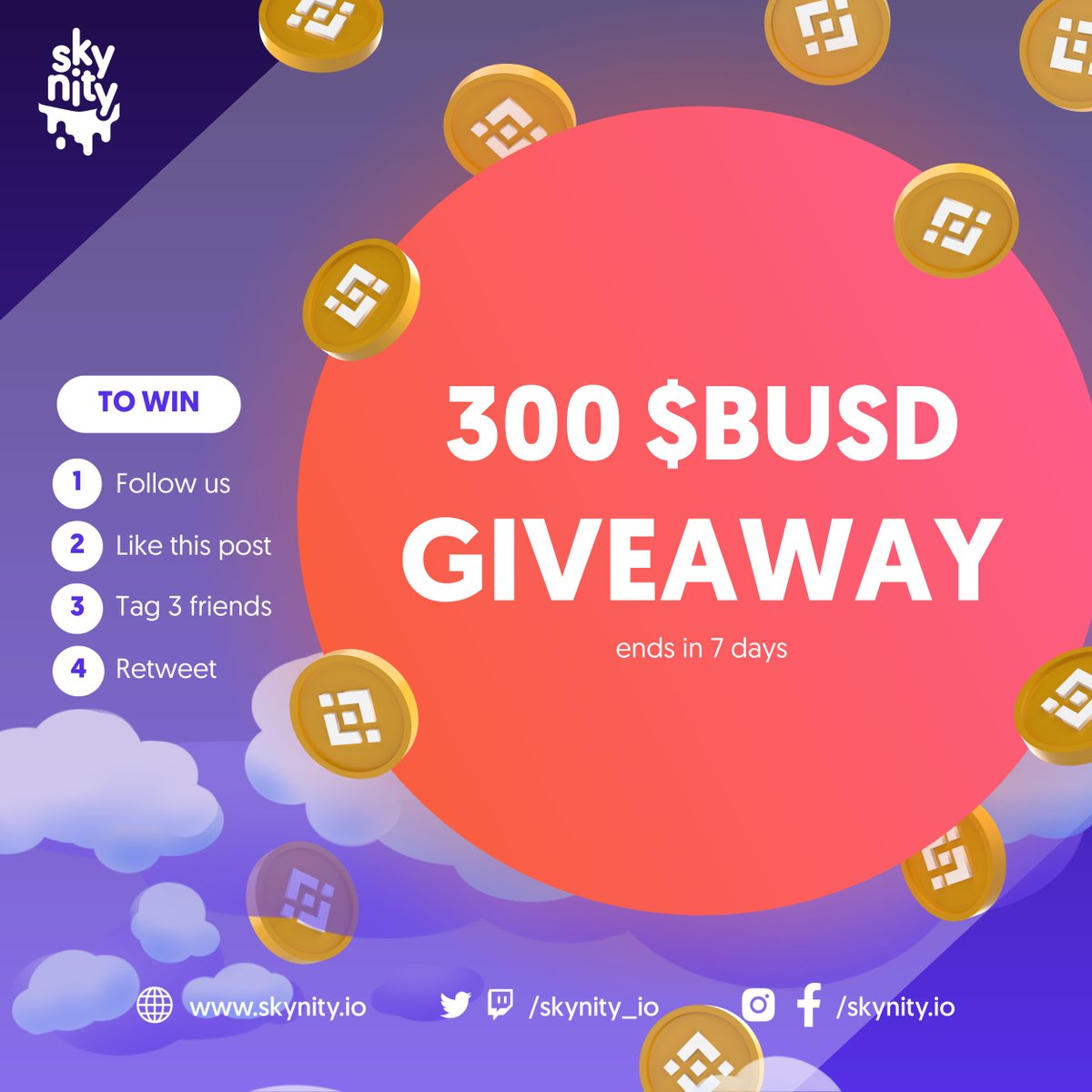 SkyNity_io's tweet photo. ✨ #GIVEAWAY ALERT✨

We're starting with a BANG‼️

Celebrate the BIG announcement with us &amp; get a chance to win 300 $BUSD! 🥳

How to join?
💙 Follow @SkyNity_io
👍 Like &amp; RT
🧑‍🤝‍🧑Tag 3 friends

Ends in 7 days!

#SkyItUp #P2E #Playtoearn https://t.co/YhdwHpuLqs